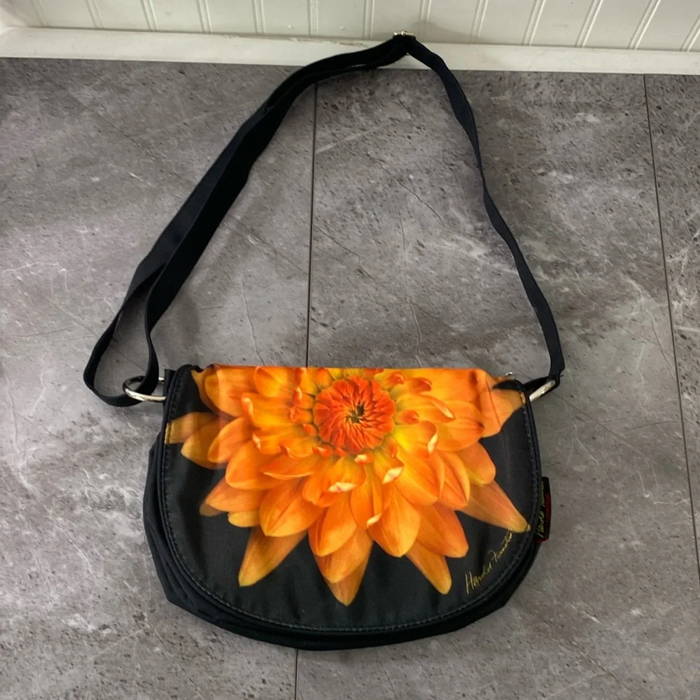 Harold Feinstein Purse Crossbody Bag‎ Black Nylon Orange Oversized Flower Artsy